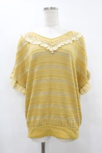 axes femme / ラメボーダーニットトップス M マスタード H-25-08-14-1041-AX-TO-NS-ZH