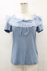 Jane Marple / カットワークギンガムカットソー  サックス H-25-08-14-012-JM-TO-KB-ZH