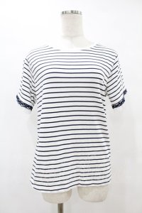 axes femme / レース×チュール袖Tシャツ Free オフ/ネイビーボーダー H-25-08-15-1058-AX-TS-NS-ZH