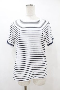 画像1: axes femme / レース×チュール袖Tシャツ Free オフ/ネイビーボーダー H-25-08-15-1058-AX-TS-NS-ZH