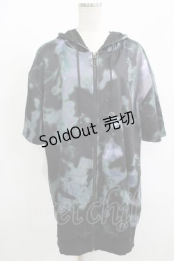 画像1: NieR Clothing / 総柄ZIP半袖パーカー  黒 H-25-08-15-054-PU-TO-KB-ZH
