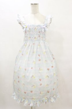 画像1: Nile Perch / シャーリングワンピース Free いちごとくま柄/サックス H-25-08-16-1004-LO-OP-NS-ZH