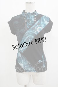 Ozz On / プリント切替トップス  黒×青 H-25-08-17-1020-OO-TO-KB-ZH