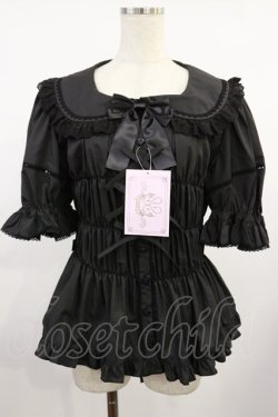 画像1: metamorphose / 【プラスサイズ】ハートレースシャーリング半袖ブラウス プラスサイズ ブラック H-25-08-18-1026-ME-BL-NS-ZH
