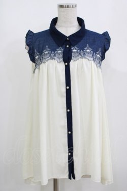 画像1: axes femme / ヨーク刺繍ノースリチュニック M オフ/ネイビー H-25-08-19-054-AX-BL-NS-ZH