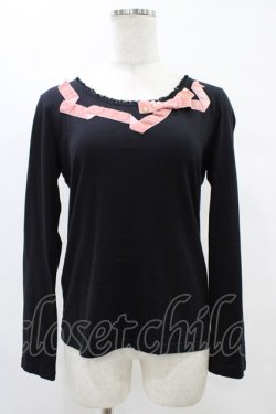画像1: Emily Temple cute / ベルベットリボンカットソー  黒×ピンク H-25-08-20-1048-ET-TO-KB-ZH