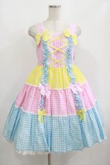 Angelic Pretty / ギンガム配色肩リボンジャンパースカート Free ピンク/イエロー/サックス H-25-08-20-075-AP-OP-NS-ZH