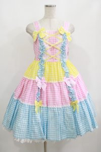 Angelic Pretty / ギンガム配色肩リボンジャンパースカート Free ピンク/イエロー/サックス H-25-08-20-075-AP-OP-NS-ZH