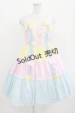画像1: Angelic Pretty / ギンガム配色肩リボンジャンパースカート Free ピンク/イエロー/サックス H-25-08-20-075-AP-OP-NS-ZH