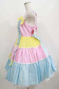 画像2: Angelic Pretty / ギンガム配色肩リボンジャンパースカート Free ピンク/イエロー/サックス H-25-08-20-075-AP-OP-NS-ZH
