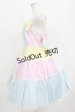画像2: Angelic Pretty / ギンガム配色肩リボンジャンパースカート Free ピンク/イエロー/サックス H-25-08-20-075-AP-OP-NS-ZH