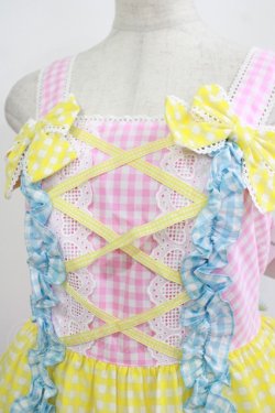 画像4: Angelic Pretty / ギンガム配色肩リボンジャンパースカート Free ピンク/イエロー/サックス H-25-08-20-075-AP-OP-NS-ZH