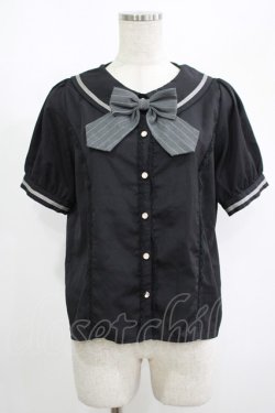 画像1: axes femme kawaii / ストライプリボンブラウス M ブラック/グレ‐ H-25-08-23-046-AX-BL-NS-ZH