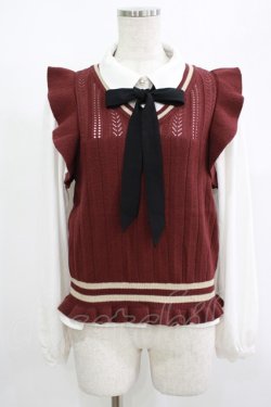 画像1: axes femme POETIQUE / チルデンニットベスト付ブラウス M オフ/ボルドー H-25-08-23-047-AX-TO-NS-ZH