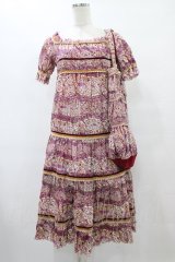 Jane Marple Dans Le Salon / 総柄リバティティアードワンピース+トートバッグ M ボルドー H-25-08-24-1039-JM-OP-KB-ZH