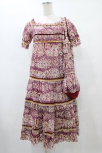 Jane Marple Dans Le Salon / 総柄リバティティアードワンピース+トートバッグ M ボルドー H-25-08-24-1039-JM-OP-KB-ZH