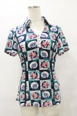 Ozz oneste / 総柄襟付きトップス  ネイビー H-25-08-25-1039-OO-TO-KB-ZT123