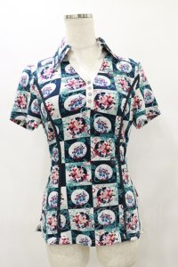 Ozz oneste / 総柄襟付きトップス  ネイビー H-25-08-25-1039-OO-TO-KB-ZT123