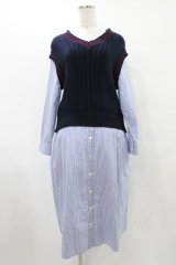 Jane Marple Dans Le Salon / Tilden vest and stripe trompe-l'oeil dress  ネイビー×ブルー H-25-08-28-018-JM-OP-KB-ZH