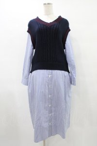 Jane Marple Dans Le Salon / Tilden vest and stripe trompe-l'oeil dress  ネイビー×ブルー H-25-08-28-018-JM-OP-KB-ZH