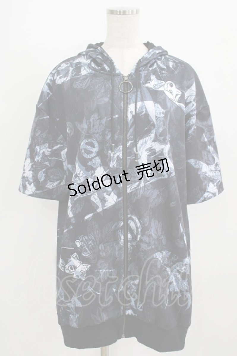 画像1: 【SALE】NieR CLOTHING / 総柄ZIP半袖パーカー  黒 H-25-09-01-042-PU-TO-KB-ZT264 (1)