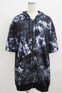 NieR Clothing / 総柄ZIP半袖パーカー  黒 H-25-09-01-042-PU-TO-KB-ZT264