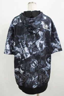 画像3: NieR Clothing / 総柄ZIP半袖パーカー  黒 H-25-09-01-042-PU-TO-KB-ZH