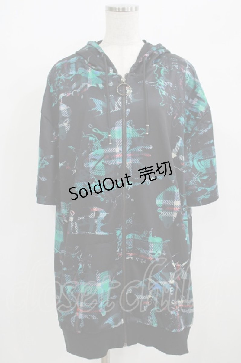 画像1: 【SALE】NieR CLOTHING / 総柄ZIP半袖パーカー  黒 H-25-09-01-043-PU-TO-KB-ZT264 (1)