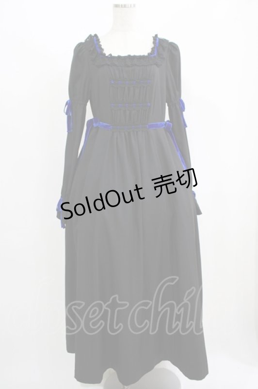 画像1: Moi-meme-Moitie / 別珍リボンロングワンピース  黒×青 H-25-09-01-002-MO-OP-KB-ZH (1)