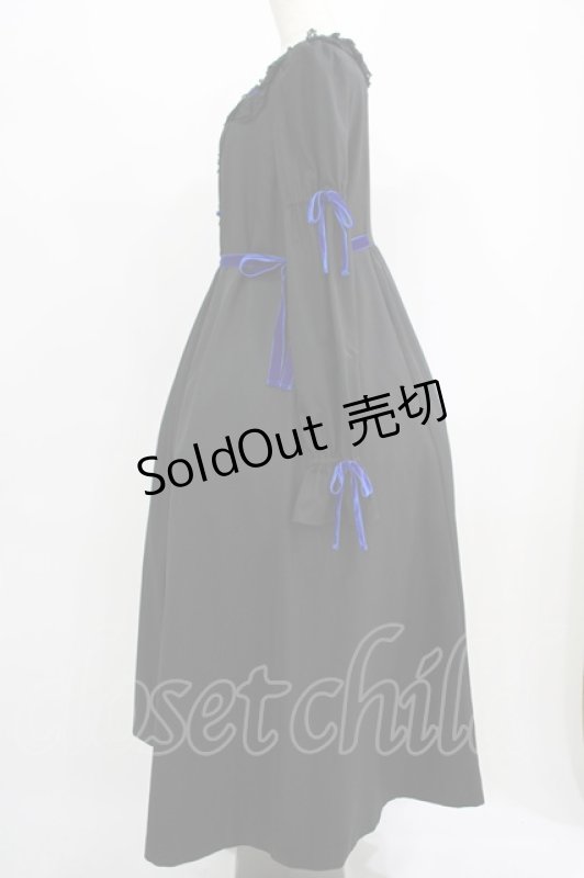 画像2: Moi-meme-Moitie / 別珍リボンロングワンピース  黒×青 H-25-09-01-002-MO-OP-KB-ZH (2)