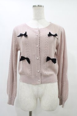 画像1: axes femme POETIQUE / リボン付透かし編みニットカーディガン M ピンク H-25-09-04-1060-AX-TO-NS-ZH