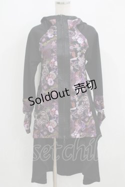 画像1: Qutie Frash / 和柄切替後ろロングパーカー  黒×紫 H-25-09-04-068-QU-TO-KB-ZH