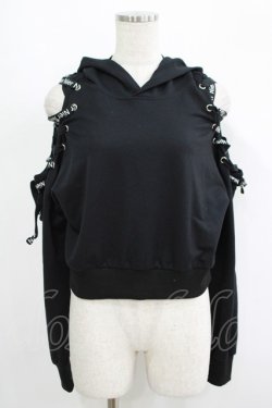 画像1: NieR Clothing / オフショルショートパーカー  ブラック H-25-09-07-028-PU-TO-KB-ZH