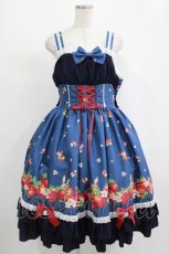 画像1: metamorphose / 【プラスサイズ】ストロベリーガーデンバッスルフリルジャンパースカート プラスサイズ ネイビー H-25-09-08-007-ME-OP-NS-ZH (1)