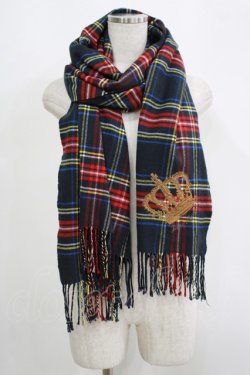 画像1: Jane Marple / クラウン刺繍チェックストール  ブラック H-25-09-12-065-JM-ZA-KB-ZH
