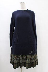 Jane Marple Dans Le Salon / ニットとTartan checkのトロンプルイユドレス M ネイビー×カーキ H-25-09-21-1019-JM-OP-KB-ZH