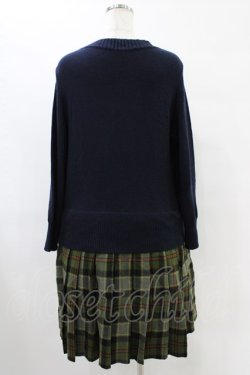 画像2: Jane Marple Dans Le Salon / ニットとTartan checkのトロンプルイユドレス M ネイビー×カーキ H-25-09-21-1019-JM-OP-KB-ZH