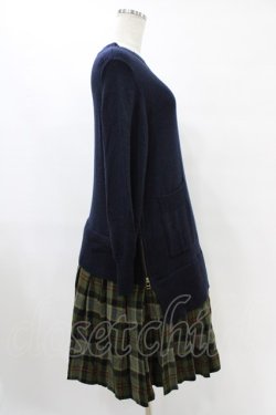 画像3: Jane Marple Dans Le Salon / ニットとTartan checkのトロンプルイユドレス M ネイビー×カーキ H-25-09-21-1019-JM-OP-KB-ZH