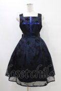 Moi-meme-Moitie / 花柄フロッキーミニジャンパースカート 9号 黒×青 H-25-09-21-1026-MO-OP-KB-ZH