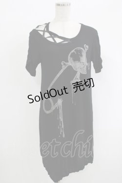 画像1: ALGONQUINS / スカルプリントアシメカットソー  黒 H-25-09-24-064-AL-TO-KB-ZH