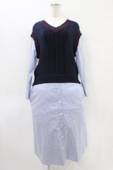 Jane Marple Dans Le Salon / Tilden vest and stripe trompe-l'oeil dress  ネイビー×ブルー H-25-09-28-1025-JM-OP-KB-ZH