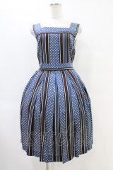 Jane Marple / ドットストライプのスクエアドレス  ブルー×ブラウン H-25-10-02-021-JM-OP-KB-ZH