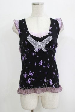 画像1: h.Jelly HONEY / 蝶レースノースリーブカットソー  黒 H-25-10-04-059-HN-TO-KB-ZH