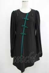 Qutie Frash / チャイナパフスリーブチュニック  ブラック×グリーン H-25-10-08-1060-QU-TO-KB-ZH