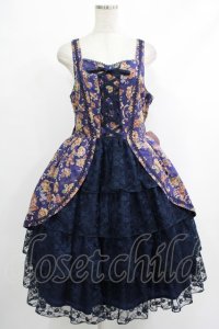 metamorphose / 【プラスサイズ】ゴブラン風くまちゃんレースアップフリルジャンパースカート プラスサイズ ネイビー H-25-10-10-010-ME-OP-NS-ZH