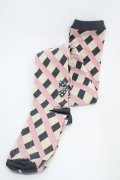 Emily Temple cute / ドットリボンカラーチェックオーバーニーソックス  グレー×ピンク H-25-10-12-002-ET-ZA-KB-ZH