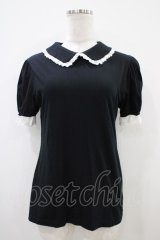 Jane Marple / レース付丸衿パフカットソー  黒×白 H-25-10-14-1036-JM-TO-KB-ZT369