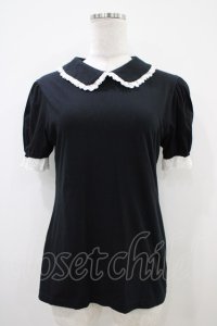 Jane Marple / レース付丸衿パフカットソー  黒×白 H-25-10-14-1036-JM-TO-KB-ZT369