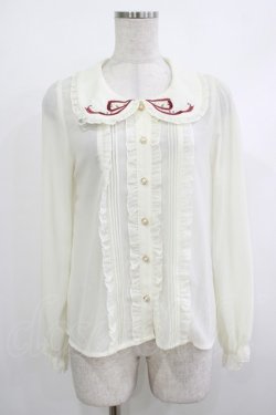 画像1: axes femme POETIQUE / リボン刺繍入りフリルブラウス M 生成り H-25-10-15-1029-AX-BL-NS-ZH