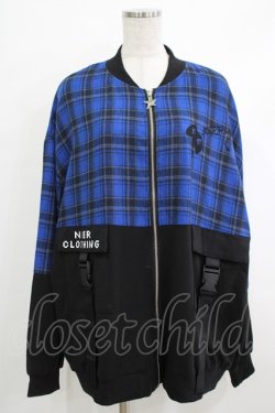 画像1: NieR Clothing / チェック切替ZIPブルゾンカーデ  黒×青 H-25-10-16-1049-PU-TO-KB-ZH